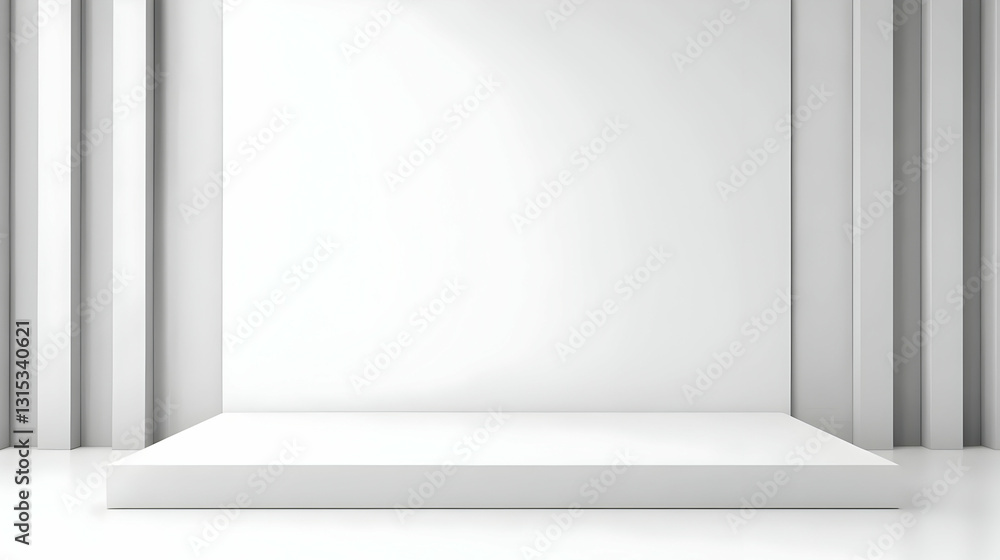 Poster bright white minimalist empty platform display with spot lighting and vertical pillars ideal for pro