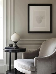 A minimalist interior scene showing a side table with a lamp
