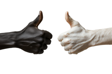 Mano de un hombre negro y otro blanco mostrando el pulgar hacia arriba de cerca sobre fondo transparente