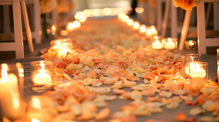 A wedding aisle lined with fresh flower petals and glowing candles