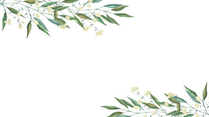 Frame with watercolor illustrations of various herbs. Frame with hand-drawn green branches of herbs. Perfect for wedding, birthday, seasonal holidays.