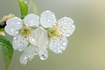 Fototapeta premium Spring Equinox, Delicate white flowers blooming, small clusters of petals glistening with dew, lush green foliage in soft light, perfect for nature-themed design.