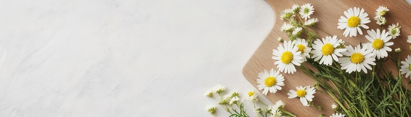 Fototapeta premium Flat lay of chamomile and wildflowers on a wooden cutting board