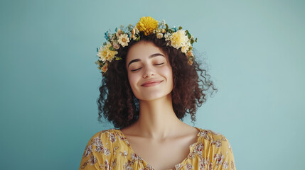 retrato de mulher com adere&ccedil;os de flores amarelas na cabe&ccedil;a