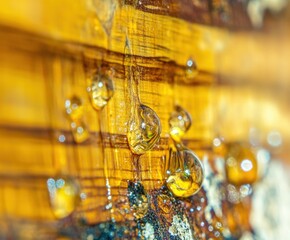 Tree sap glistening in golden sunset light on pine bark captures natures beauty