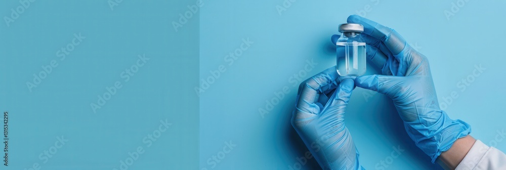 Aufkleber hands in blue medical gloves hold a vial of clear liquid against a blue background with empty space 