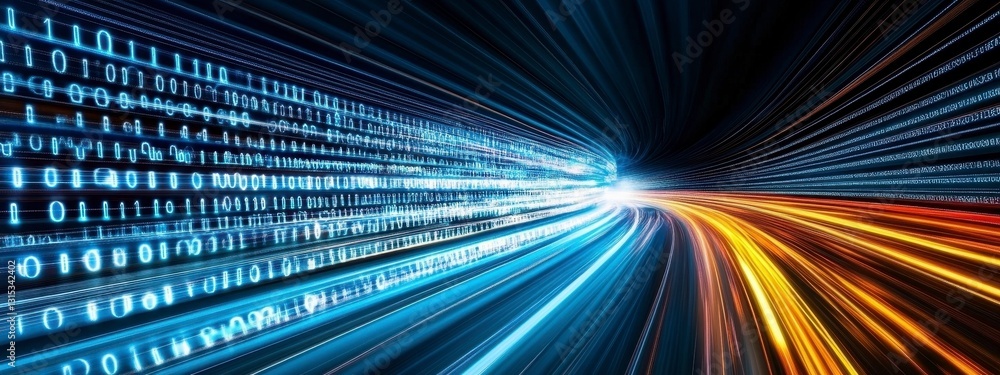 Poster abstract digital tunnel with glowing binary code streaks