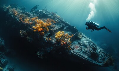 Diver swimming near a glowing shipwreck covered in vibrant coral, soft light filtering through the water, peaceful and mysterious aquatic exploration, ethereal tones