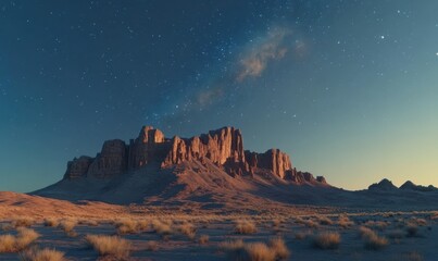 Dreamlike desert landscape with towering red rock formations under a clear twilight sky filled with stars and a faint Milky Way, surreal beauty.