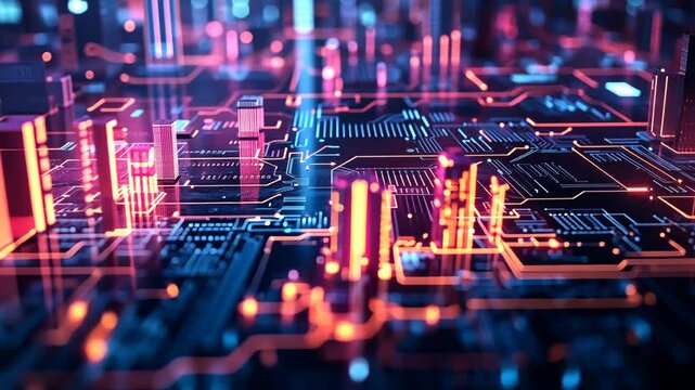 Explore intricate details of a futuristic circuit board with glowing elements showcasing advanced technology in a digital landscape