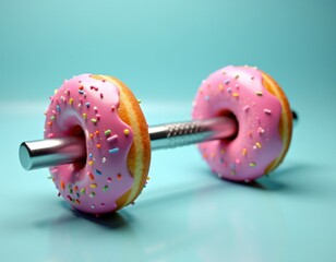 Creative dumbbell made from a pink donut on blue background