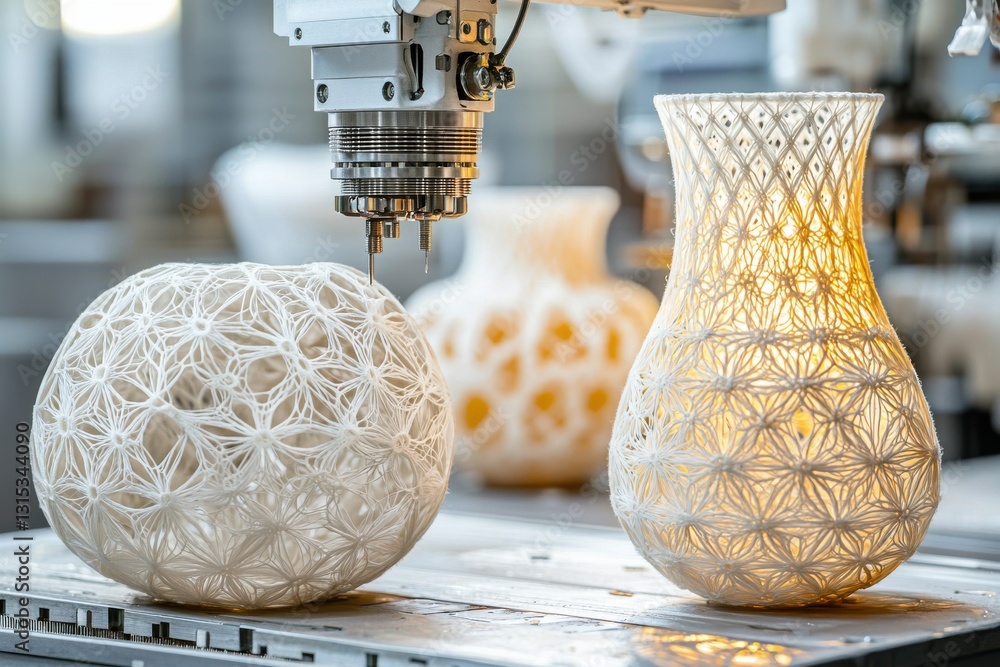 Poster close-up of a 3d printer creating intricate decorative vases with delicate patterns, showcasing mode