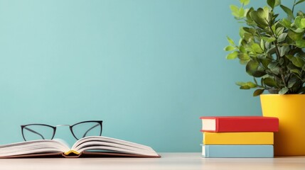 Open book, eyeglasses, and stacked books on a desk with a plant against a teal background.