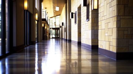 Long Hallway with Stone Walls and Polished Floor
