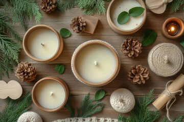 Candles arranged beautifully with natural decor on wooden surface in cozy indoor setting