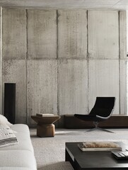 A contemporary living room with concrete walls and furniture