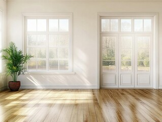 Fototapeta premium Sunlit Room Design: Hardwood Floors, White Walls, French Doors