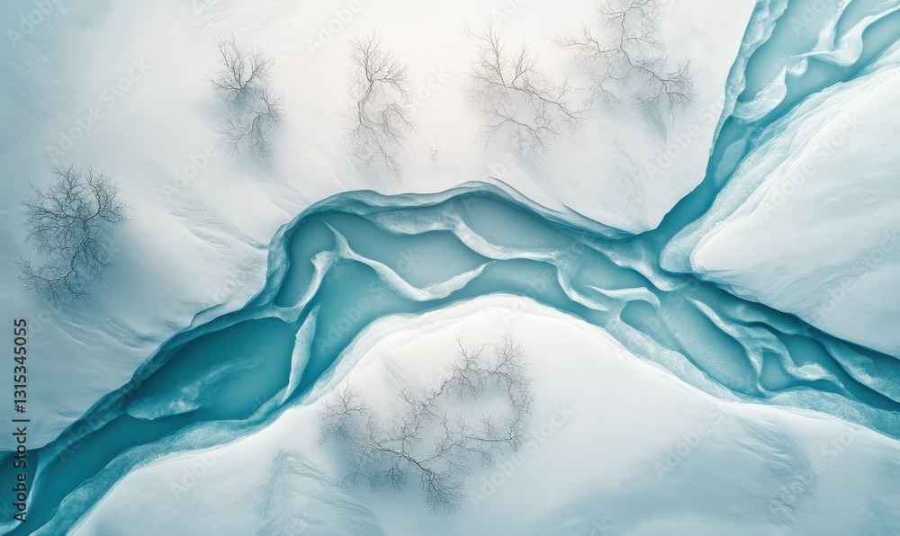 Poster minimalist aerial view of a smooth turquoise ice surface with intricate cracks and glowing highlight