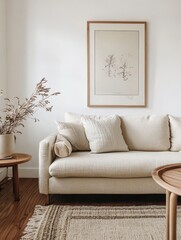 Beige toned couch with pillows and a framed picture in focus