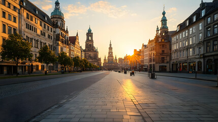 Fototapeta premium Golden Sunrise Over Historic Altmarkt Square in Dresden Germany Empty Cobblestone Street and Traditional Architecture During Golden Hour Scenic
