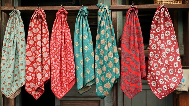 Colorful scarves displayed on a wooden rack in a vibrant local market showcasing intricate patterns and textures during daylight