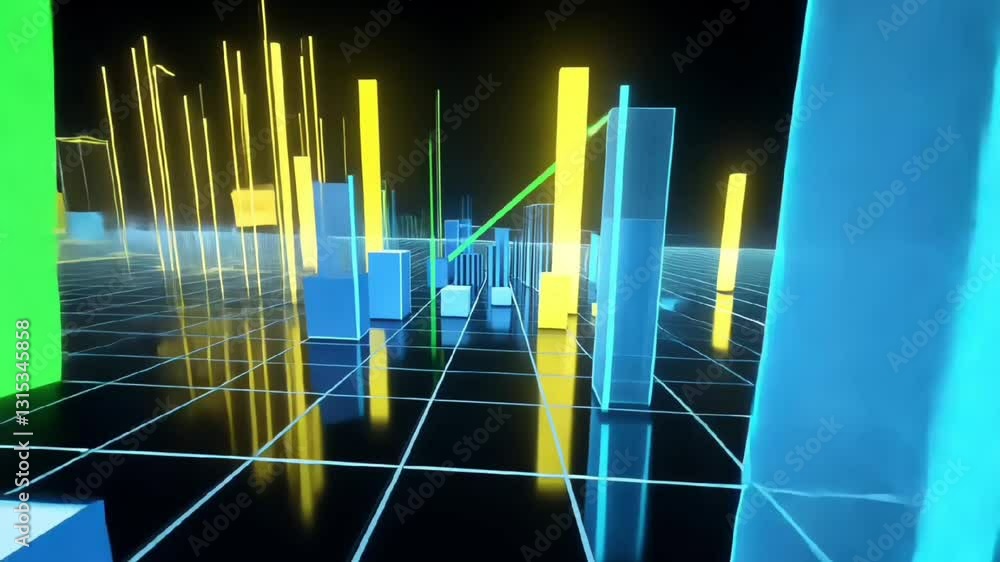 Poster futuristic digital data visualization with glowing blue and yellow bars in cyber grid and tech theme