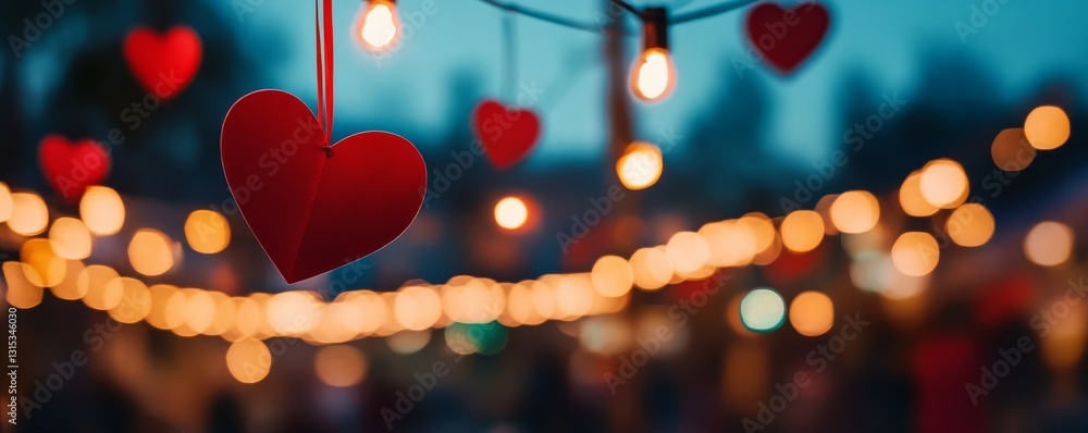 Aufkleber red paper hearts hanging on string with blurred lights in the background during evening hours