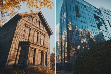 Visual dichotomy of an aged wooden house juxtaposed with a modern glass building, illustrating architectural evolution and reflecting the contrast of time periods.