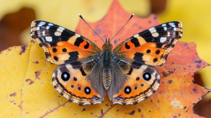 Fototapeta premium Butterfly on a leaf Detailed wings with brown, orange and black patterns