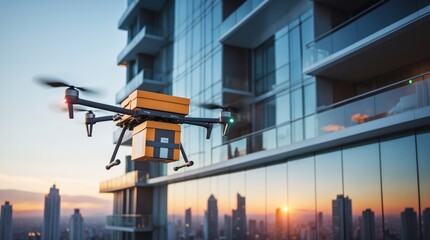 Naklejka premium A drone delivering packages during sunset, showcasing modern technology and urban living
