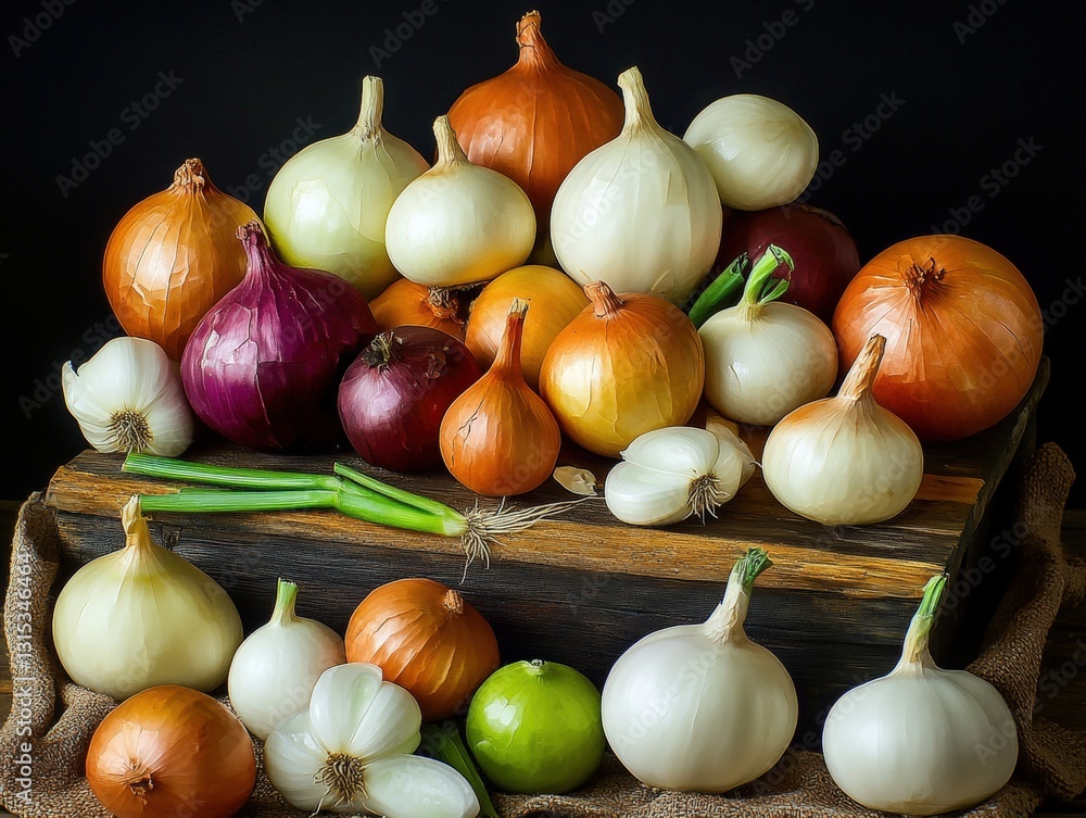 Poster assorted fresh onions in a studio setting captured to emphasize their colorful variations and unique