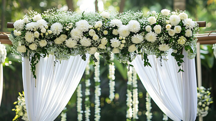 A wedding altar decorated with fresh white flowers and silk drapes