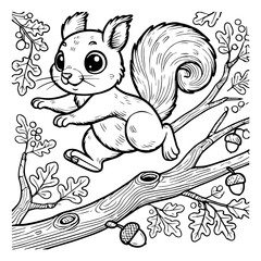 coloring page a playful squirrel spinning around a vine, animal coloring page for kids, adults, releaxing coloring page, stress relief, mindfulness
