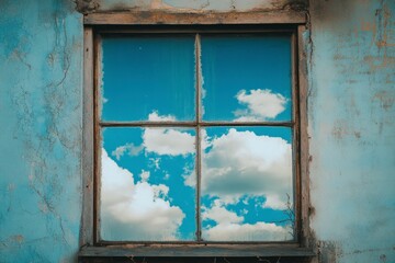 Distressed Window Frame Reflecting Blue Sky and Clouds, Old Weathered Wall, Broken Panes, Architectural Detail, Natural Light, Serene
