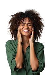 a woman with curly brown hair holding her hands over her ears, eyes closed, and a grimaced expression, against a white background. 