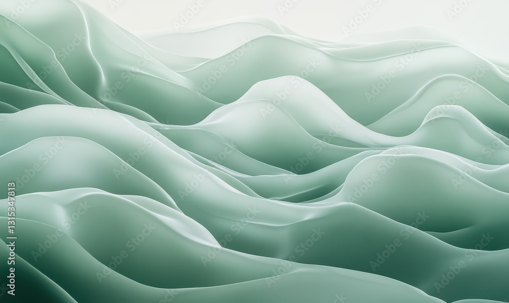 Poster minimalist design of smooth layered green waves blending seamlessly, illuminated softly for a calm a