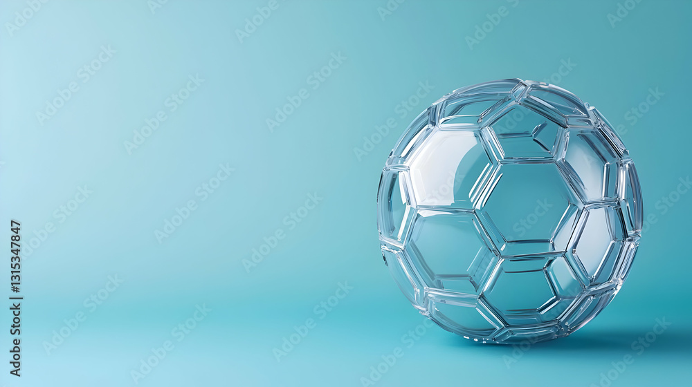 Poster 3d render of a transparent glass soccer ball with interlocking hexagonal patterns on a light blue st