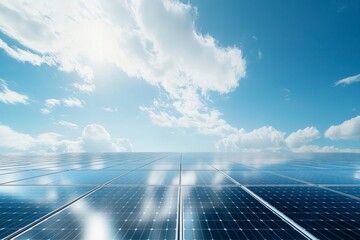 Solar Panel Array Reflecting Cloudy Blue Sky - Renewable Energy, Green Technology Innovation