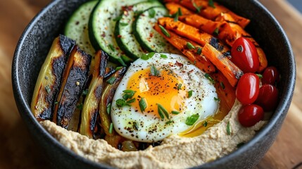 Close-up of a bowl of food. the bowl is made of dark grey ceramic and is placed on a wooden table. the food in the bowl appears to be a colorful and appetizing dish with a variety of ingredients.