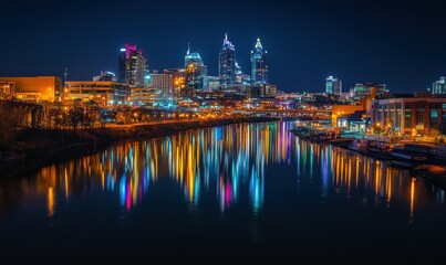 Obraz premium Dramatic cityscape at night with twinkling lights reflecting on a river, softly illuminated to create a vibrant and modern urban aesthetic