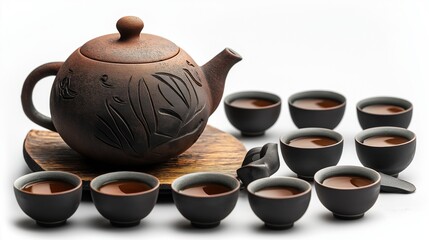 Traditional chinese teapot and six small cups arranged on a wooden tray. the tea pot is made of clay and has a round spout and a lid with a handle on top.