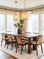 Modern dining room with chairs a table and lighting fixtures