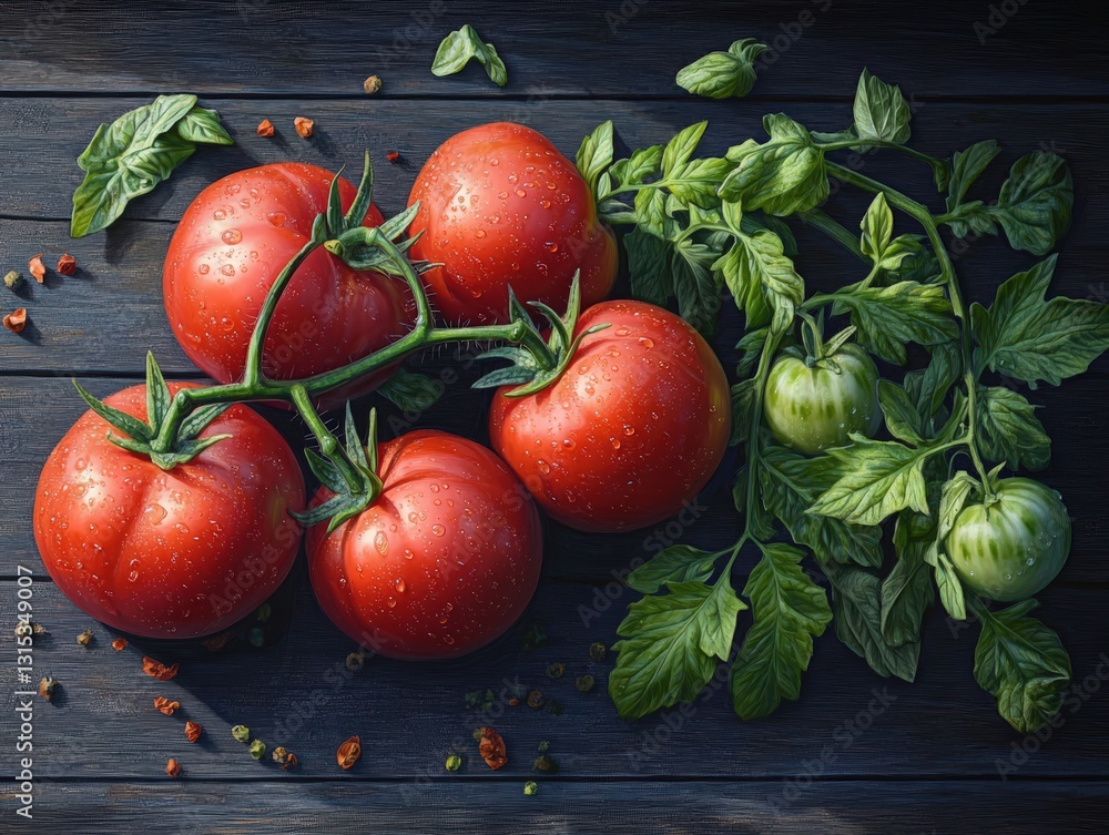 Poster vibrant tomatoes and fresh basil arranged on a rustic wooden table creating a delightful culinary pr