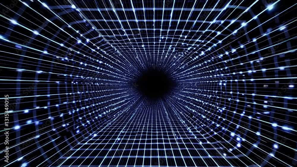Poster futuristic video concept with a tunnel of glowing grid lines. the camera angle creates a dynamic per