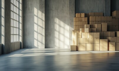 Obraz premium Minimalist industrial space with neatly stacked kraft boxes on a clean floor illuminated by diffused natural light, evoking organization and simplicity