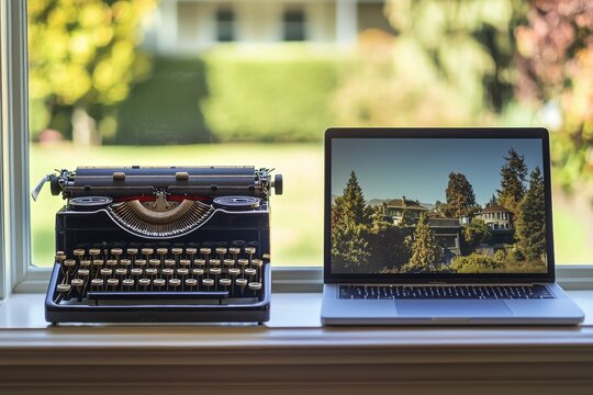 Side-by-side: Vintage typewriter meets modern laptop by sunlit window, showcasing evolving communication tools against a backdrop of nature and technology.
