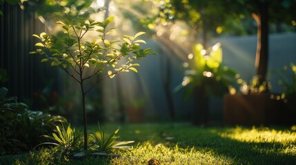 Obraz premium Sunrise Serenity: A Young Tree Basking in Golden Light