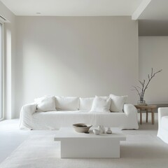 Minimalist living room featuring a white sofa with throw pillows