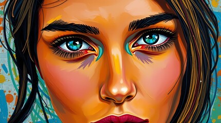 Intense Gaze: Close-up portrait of a woman with striking turquoise eyes, and bold makeup, artfully rendered in vibrant colors and brushstrokes.