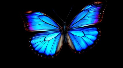 Wings of Wonder: A stunning blue morpho butterfly, its vibrant wings unfurled in a mesmerizing display of iridescent beauty, floats gently against a dark backdrop.